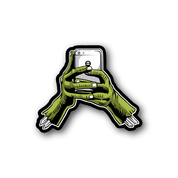 Zombie phone vinyl sticker with green zombie hands holding a white phone