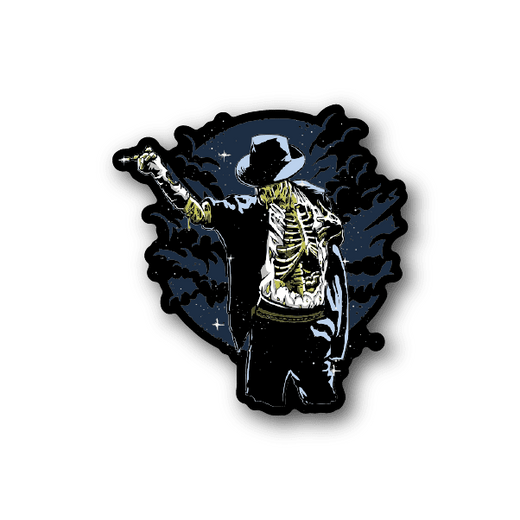 Vinyl sticker of skeleton zombie king with crown and sword, green and blue.