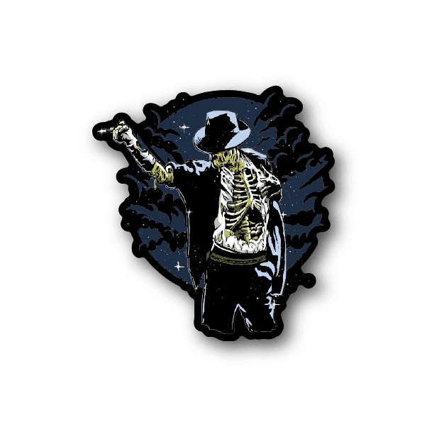 Vinyl sticker of skeleton zombie king with crown and sword, green and blue.