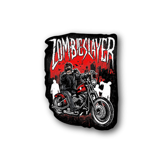 Motorcycle vinyl sticker with zombie-slayer rider on red-and-black bike graphic