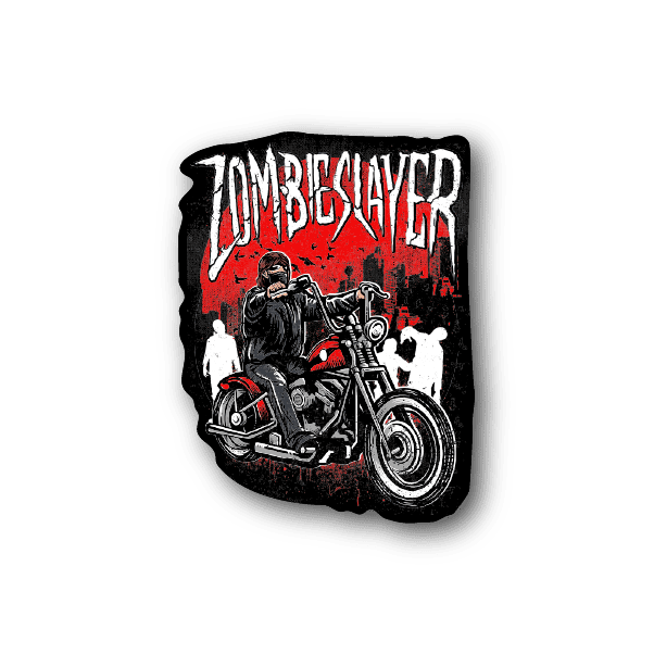 Motorcycle vinyl sticker with zombie-slayer rider on red-and-black bike graphic