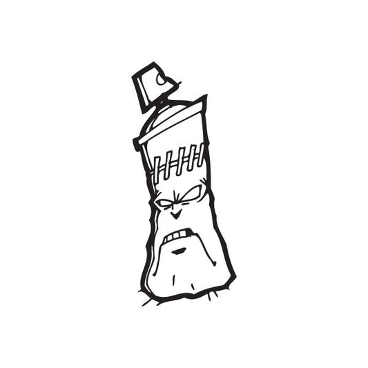 Zombie spray can decal, black and white stylized zombie head with open mouth and eyes.