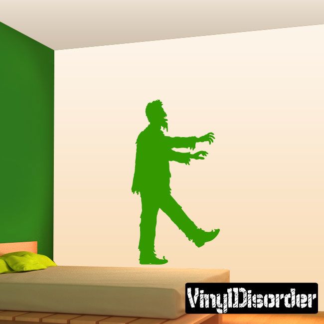 Zombie stumbling wall decal, green silhouette of a staggered zombie figure