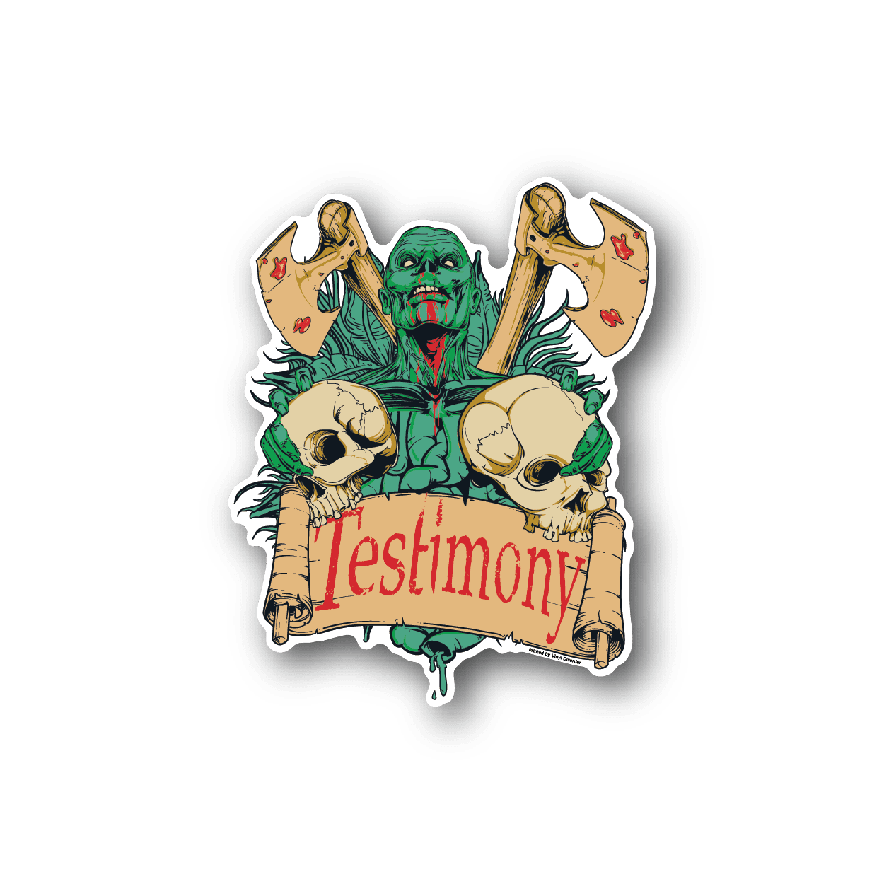 Vinyl zombie testimony sticker with green monster and "Testimony" banner