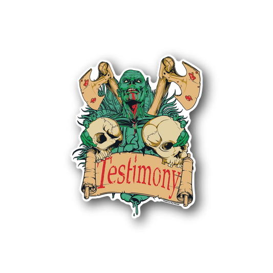 Vinyl zombie testimony sticker with green monster and "Testimony" banner
