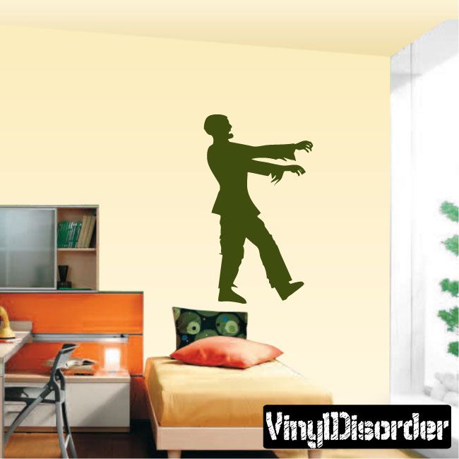 Zombie walking vinyl wall decal, dark green silhouette standing with outstretched arm