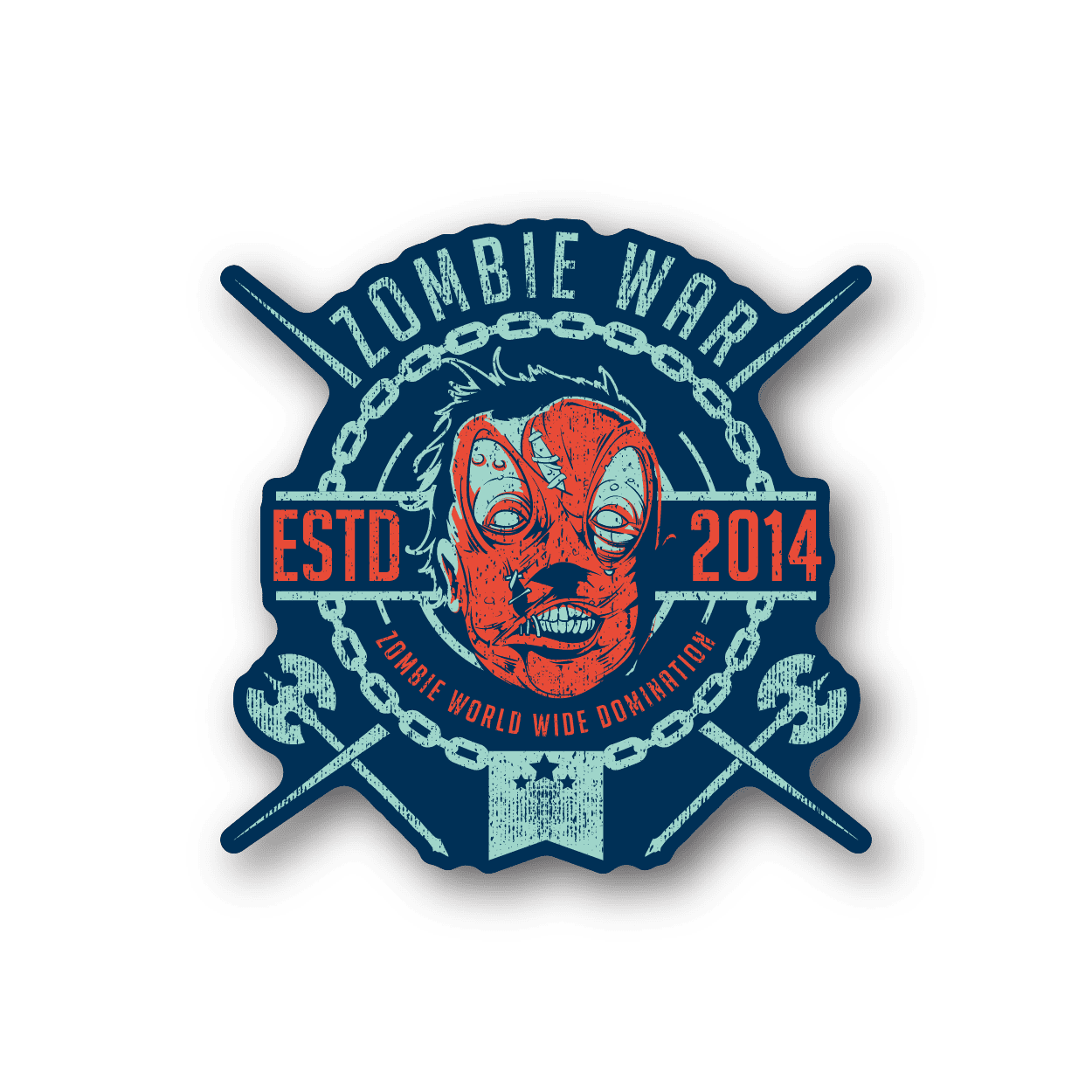 Zombie War vinyl sticker with red skull, blue text, chains, and crossed bones