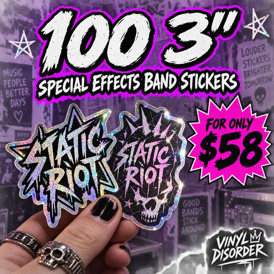 100 × 3″ special-effects band stickers — $58
