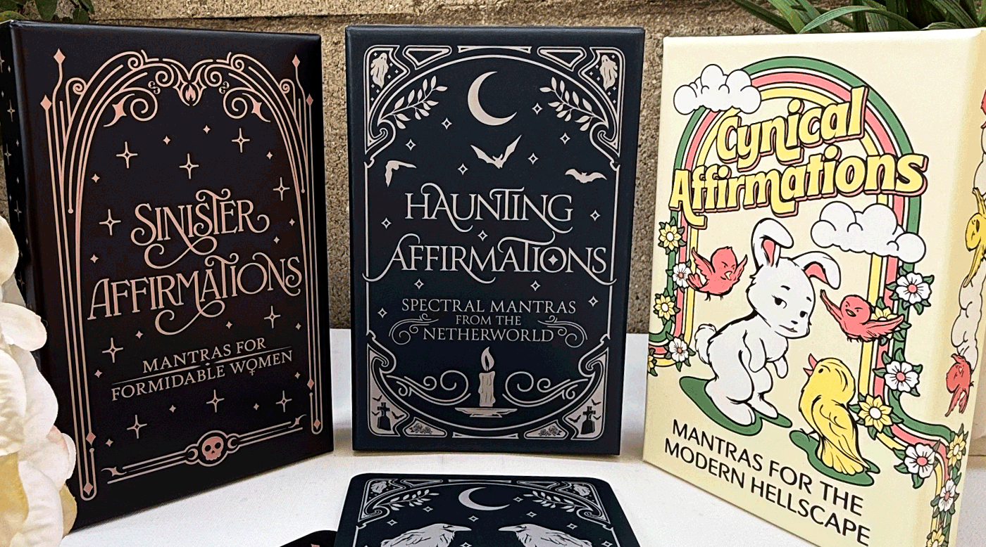 Three Boredwalk affirmation decks: Sinister, Haunting and Cynical Affirmations