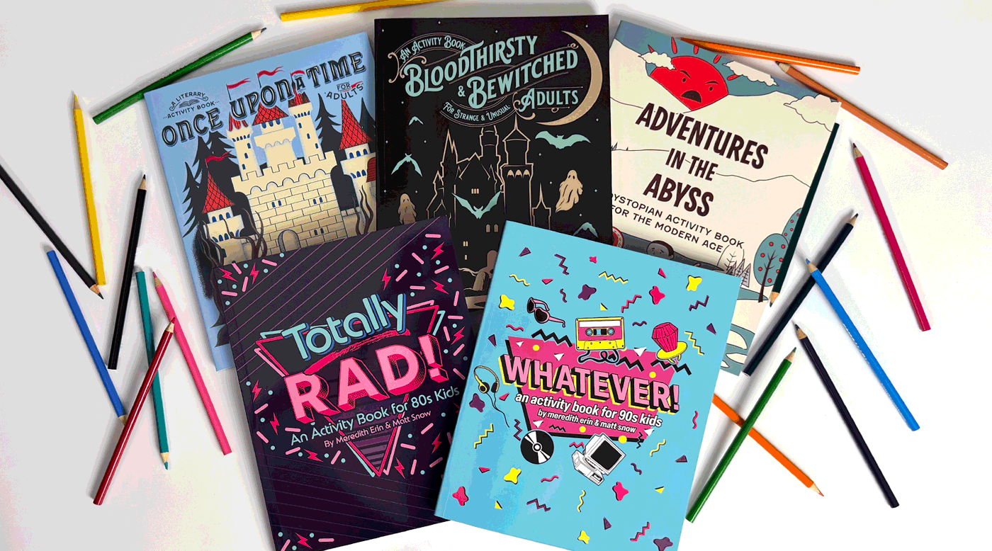 Five Boredwalk illustrated activity books with colored pencils