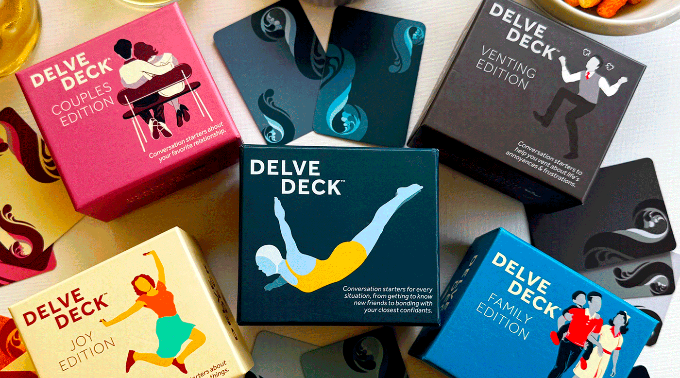Five Boredwalk Delve Deck conversation card sets: original, Couples, Venting, Joy and Family editions