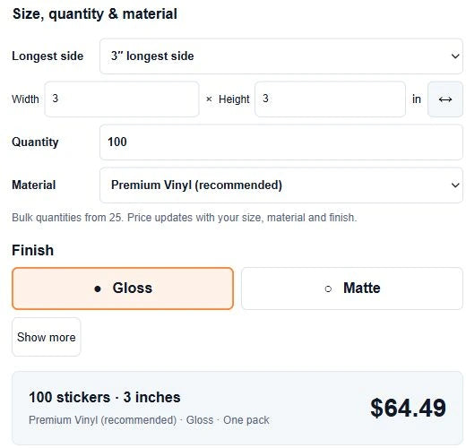 Actual size, quantity, material and finish controls showing a consistent 100-sticker example and its configuration summary.