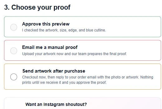 Actual proof-choice controls before artwork upload. Approve this preview and Email me a manual proof are disabled; Send artwork after purchase is available.