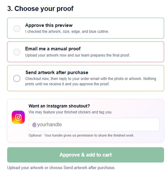 Current Cut to Shape proof choices: Approve this preview, Email me a manual proof, and Send artwork after purchase.