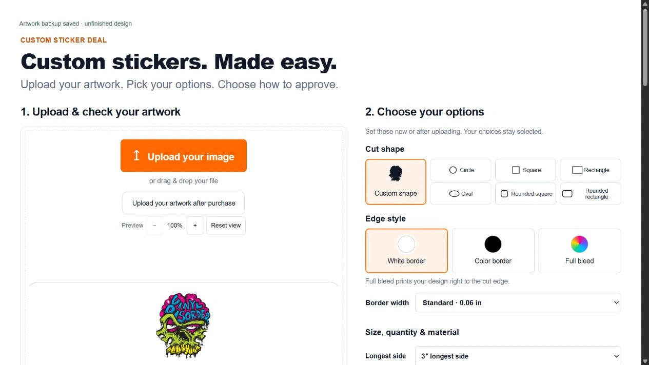 Actual Vinyl Disorder simple sticker builder before upload, showing its Upload your image button and approved brand example.