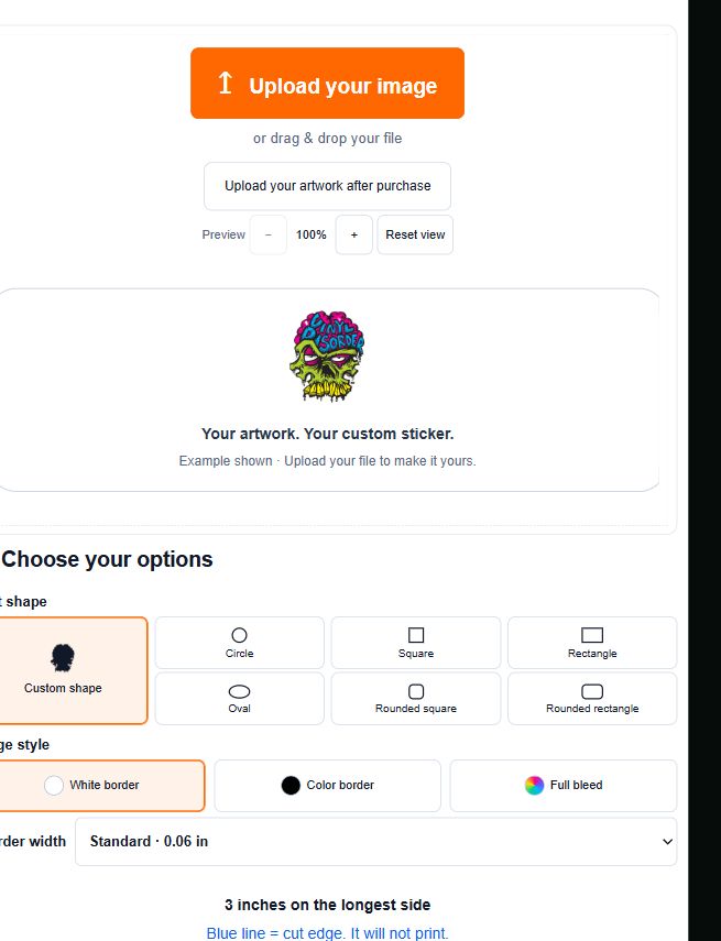 Real current Upload your image control, example artwork preview, and Open full editor button.