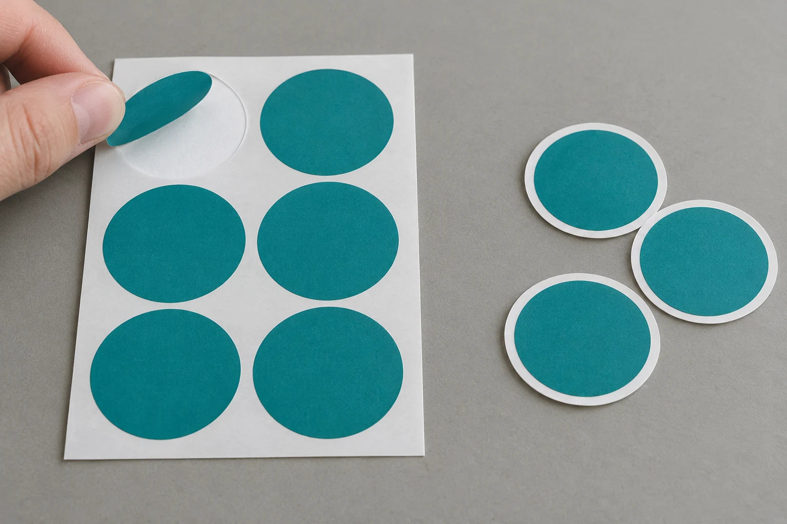 Left: one teal circle peels from an intact rectangular liner sheet. Right: three individual circular stickers with separate white backing margins.
