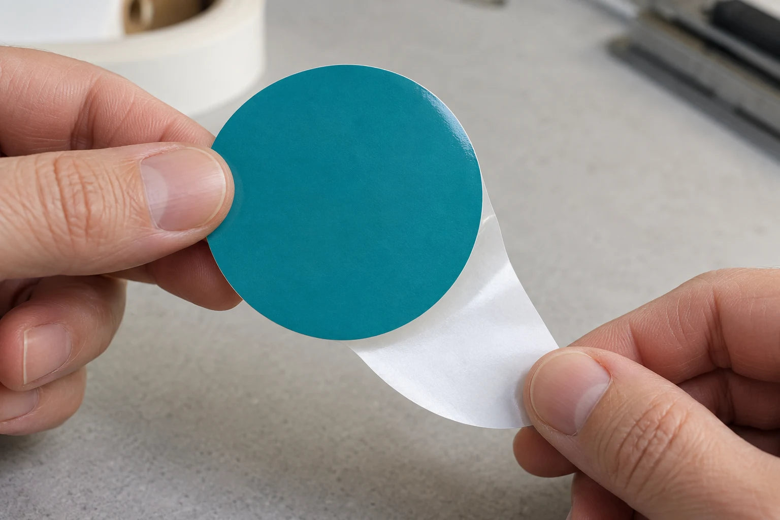 Close-up: one hand supports an intact teal circular sticker while the other pulls its opaque white paper release liner away from behind it.
