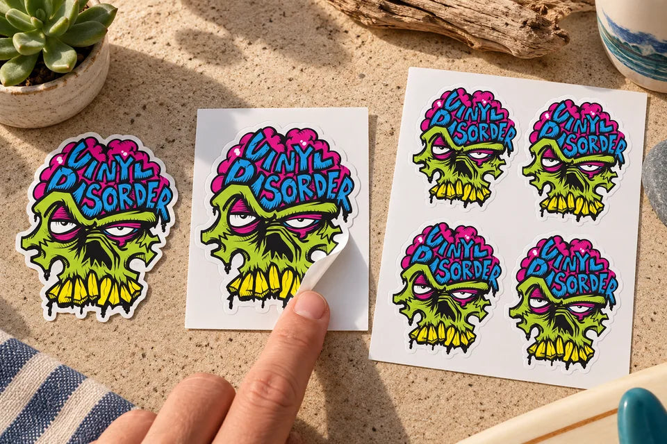 One individual sticker, one kiss-cut sticker on rectangular backing, and four stickers on a shared sheet.