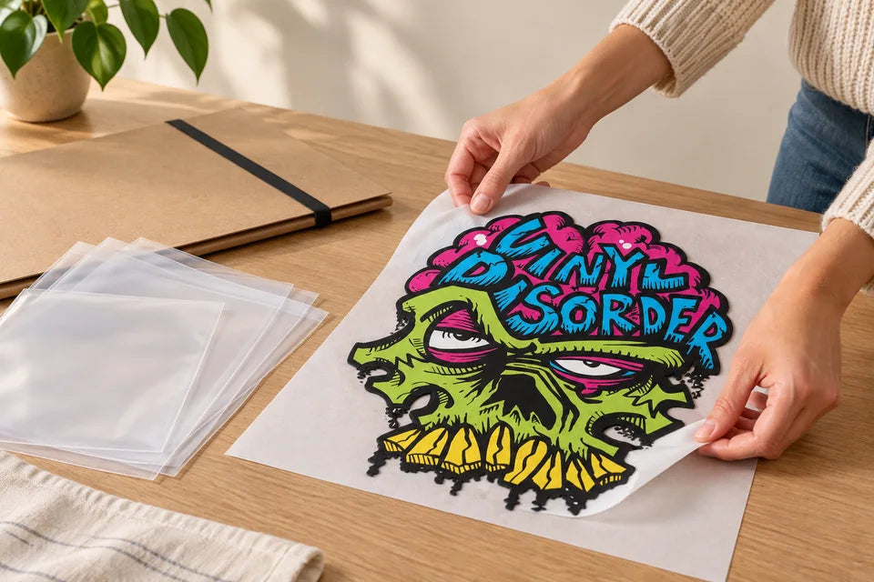 Hands lay a flexible printed piece flat on its retained liner for storage.