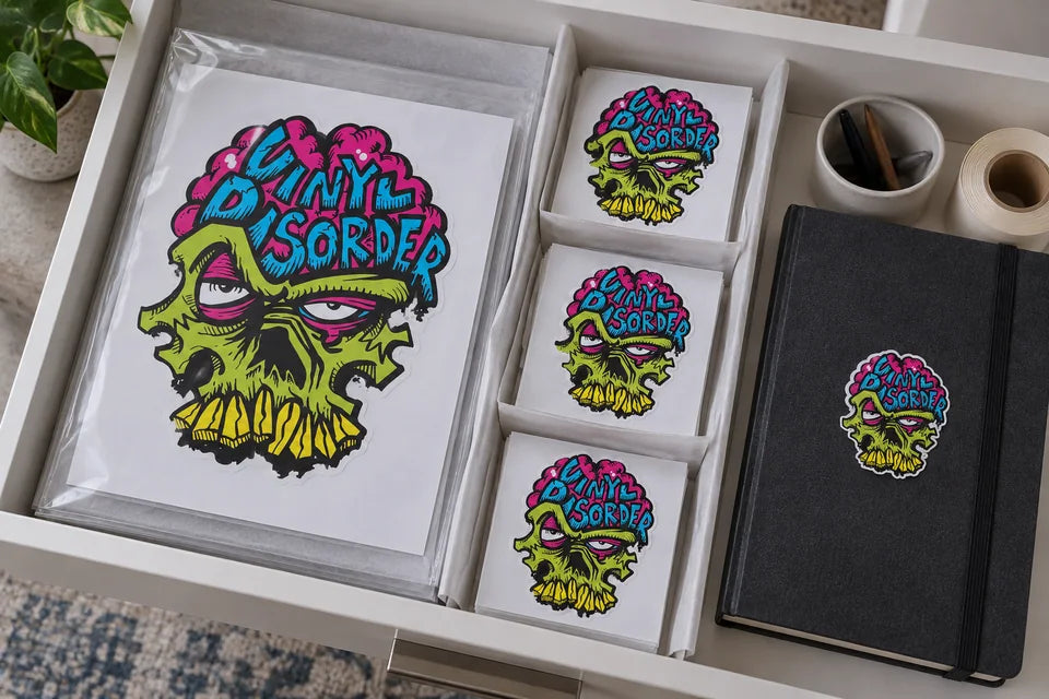 Unused stickers and sticker sheets rest flat on their liners in an organized drawer.