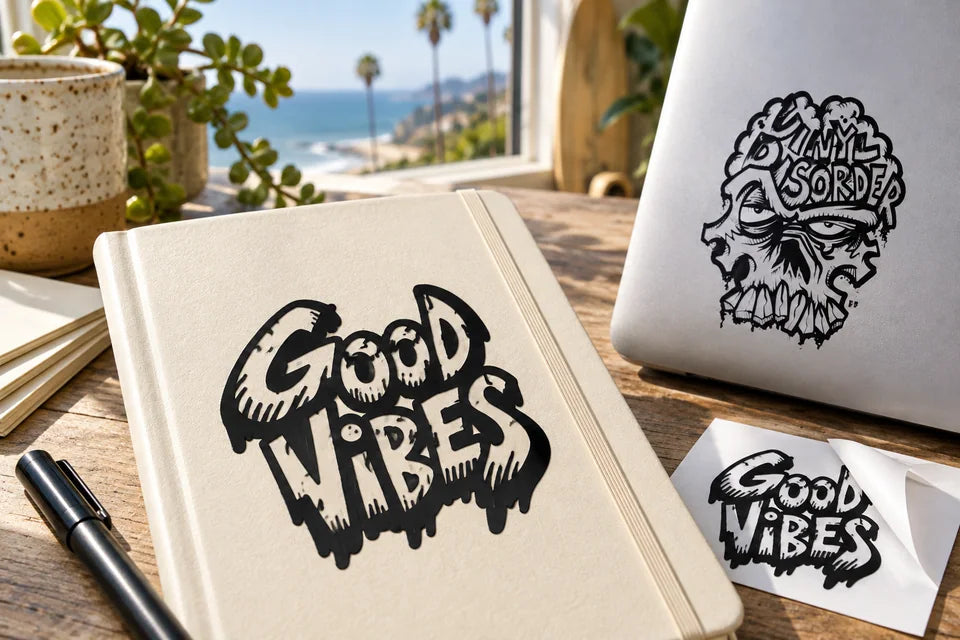 Black lettering on a notebook and black skull artwork on a laptop show fine details and open spaces.