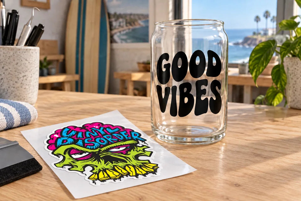 Printed skull sticker on a liner beside separate black GOOD VIBES letters on glass.