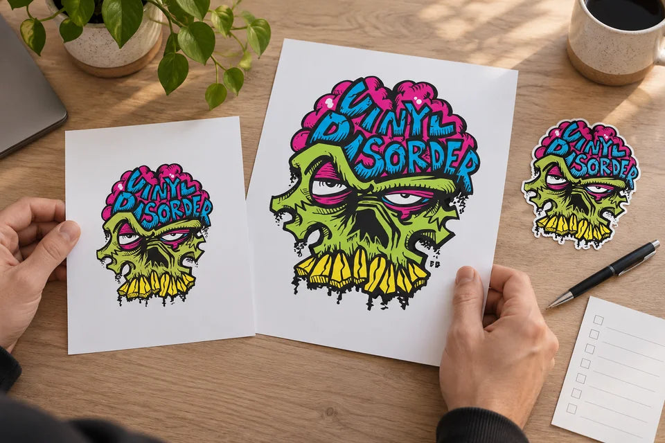 Hands review skull artwork in several printed sizes on a clean worktable.