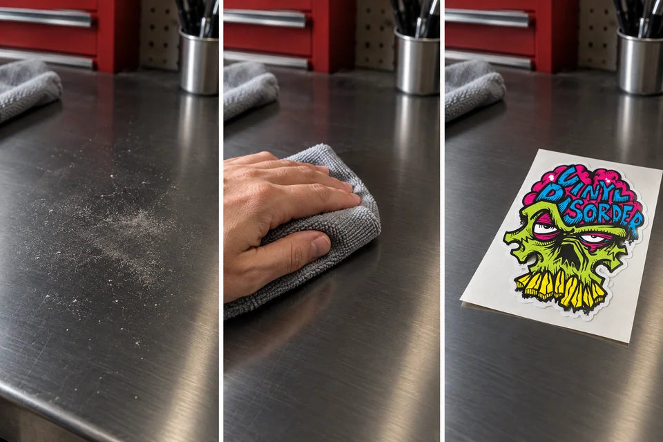 Three panels show dusty metal, wiping the surface, and a clean dry surface beside a sticker.