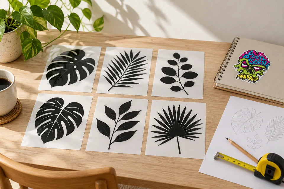 Six separate black botanical pieces on liners arranged in two rows of three before placement.