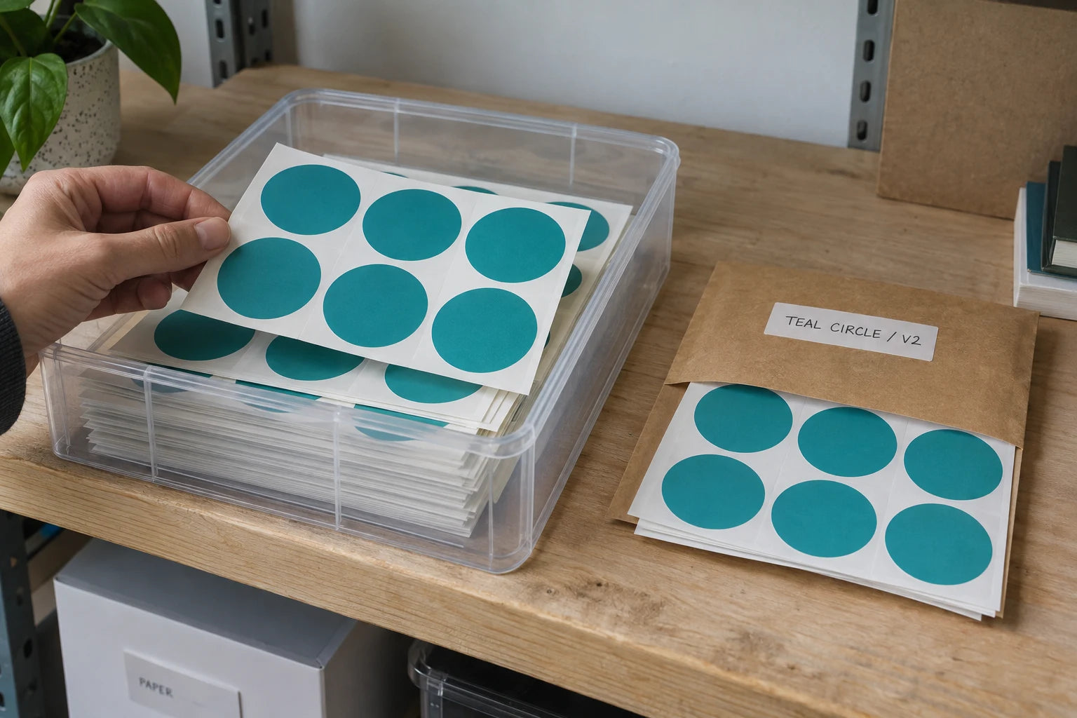 Unused teal circle stickers lie flat on intact white release liners in a shallow box and a sleeve labeled by design version. A hand holds the liner corner.