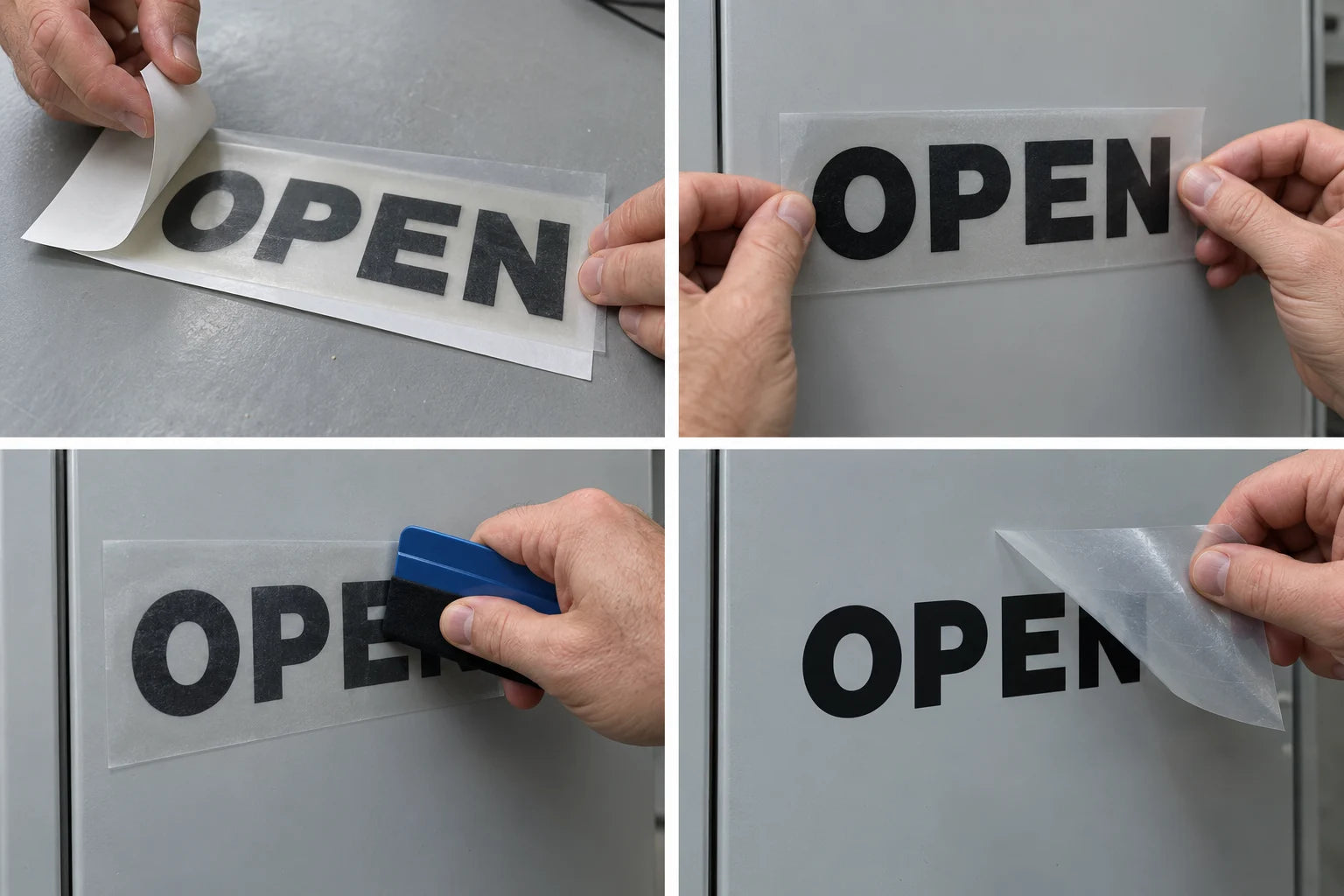 White liner peels away while the carrier holds the black OPEN lettering.