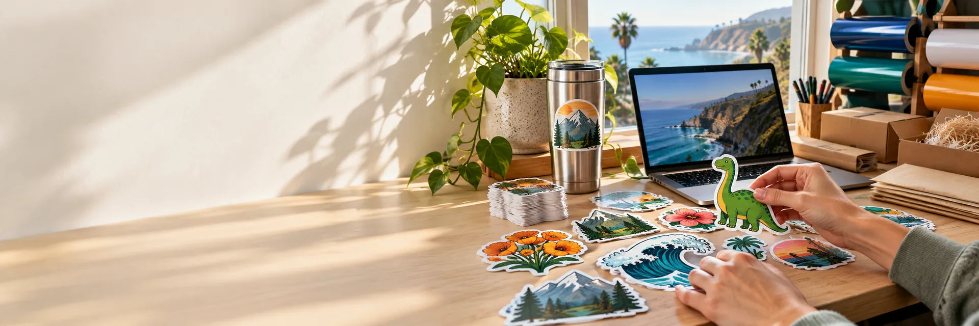 Illustrative sticker-making workbench with colorful vinyl designs