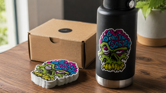 Vinyl Disorder sticker stack with kraft box and black bottle showing custom sticker material options