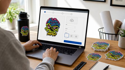 Small business owner ordering custom stickers online with Vinyl Disorder skull sticker samples on desk