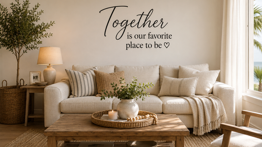 Bright coastal living room with black vinyl wall quote decal above cream sofa
