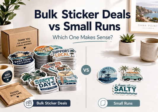 Bulk sticker deals compared with small custom sticker sample runs for business packaging and promotional stickers