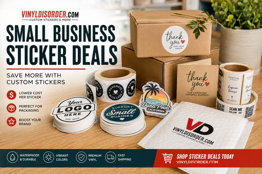 Small business packaging table with custom vinyl sticker deals, product labels, and logo stickers