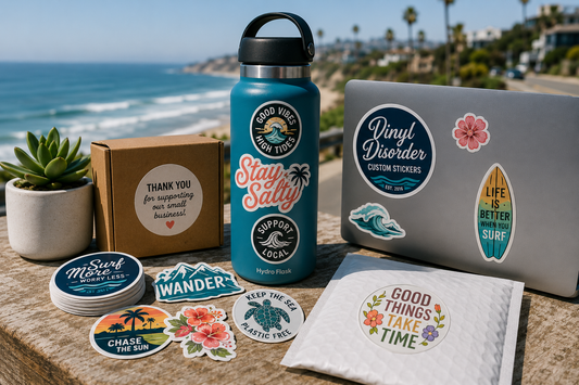 Custom stickers used on water bottles, laptops, packaging, mailers, and promotional sticker stacks near the coast