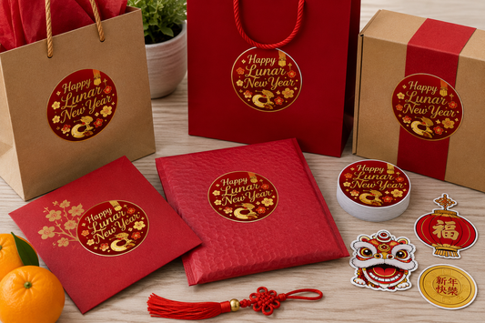 Chinese New Year custom stickers with red and gold packaging, gift bags, envelopes, oranges, and festive sticker stacks