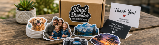 Custom photo stickers for business and personal use with pet, family, travel, and product photo designs