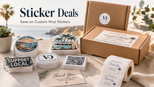 Custom vinyl sticker deals with colorful sticker stacks, packaging boxes, QR stickers, and product label stickers