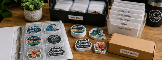Custom vinyl stickers organized in a clear sleeve binder with labeled storage boxes and envelopes