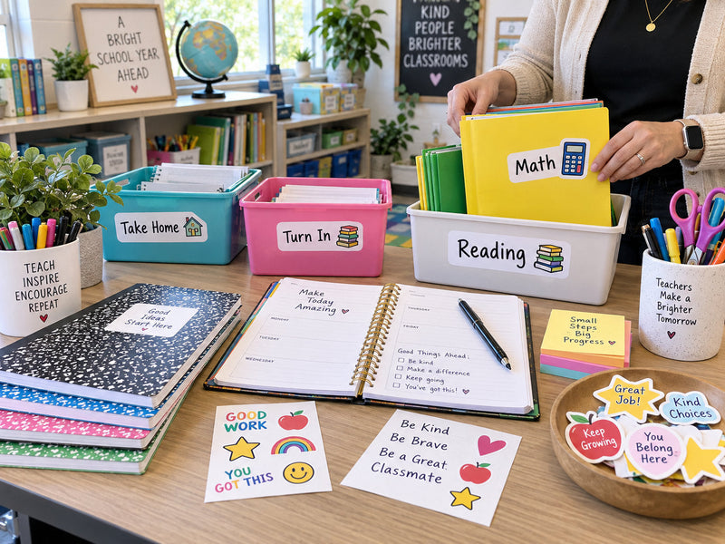 Bright organized teacher desk with folders, supply bins, notebooks, and colorful back-to-school stickers