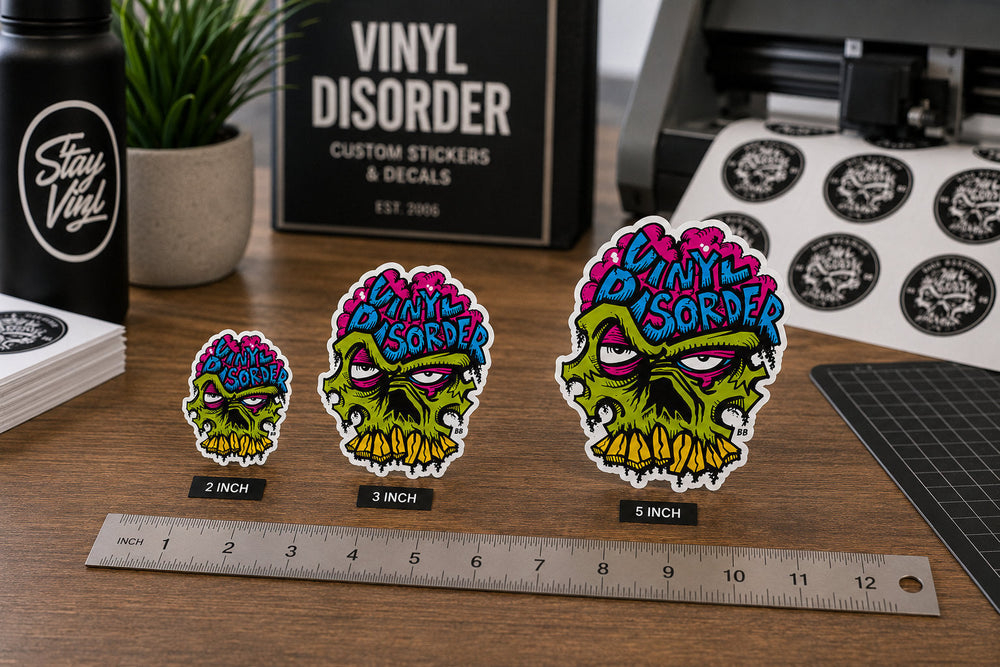 Vinyl Disorder stickers shown in 2 inch, 3 inch, and 5 inch sizes beside a ruler