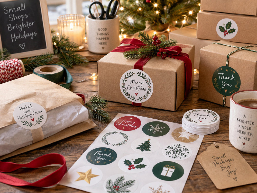 Christmas small business packing table with kraft gift boxes, festive stickers, ribbon, tissue paper, and evergreen decorations