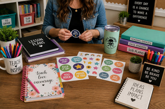 Bright teacher workspace with reward sticker sheets, planners, classroom binders, supplies, and an educator preparing materials