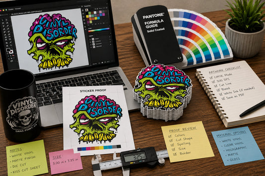 Designer workspace with Vinyl Disorder sticker artwork, printed proofs, Pantone guide, and production notes