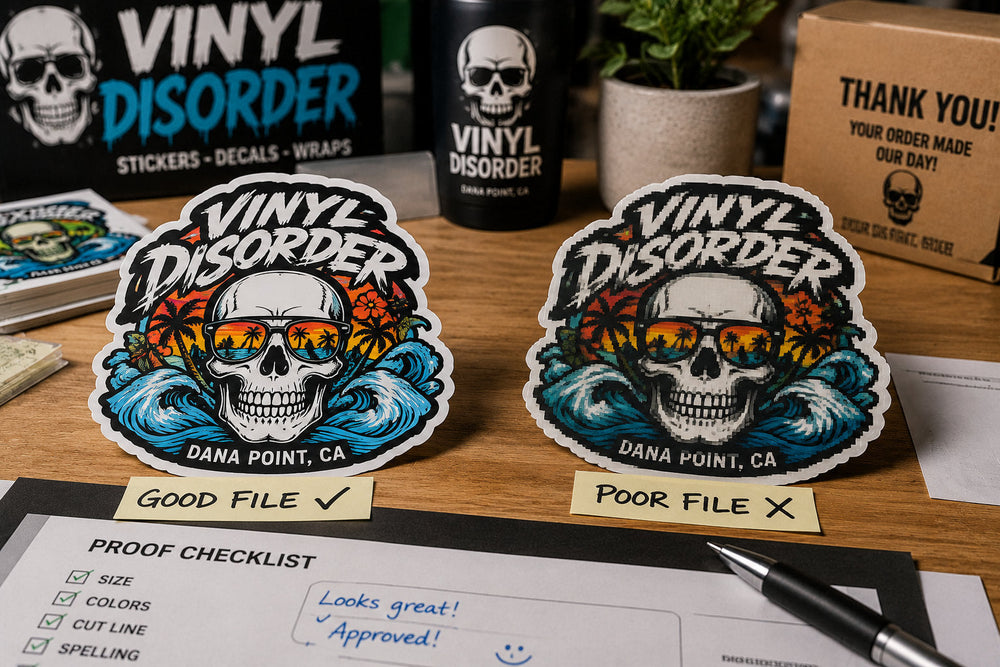 Sharp and low-resolution Vinyl Disorder sticker proofs compared on a print-shop workbench