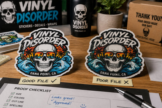 Sharp and low-resolution Vinyl Disorder sticker proofs compared on a print-shop workbench